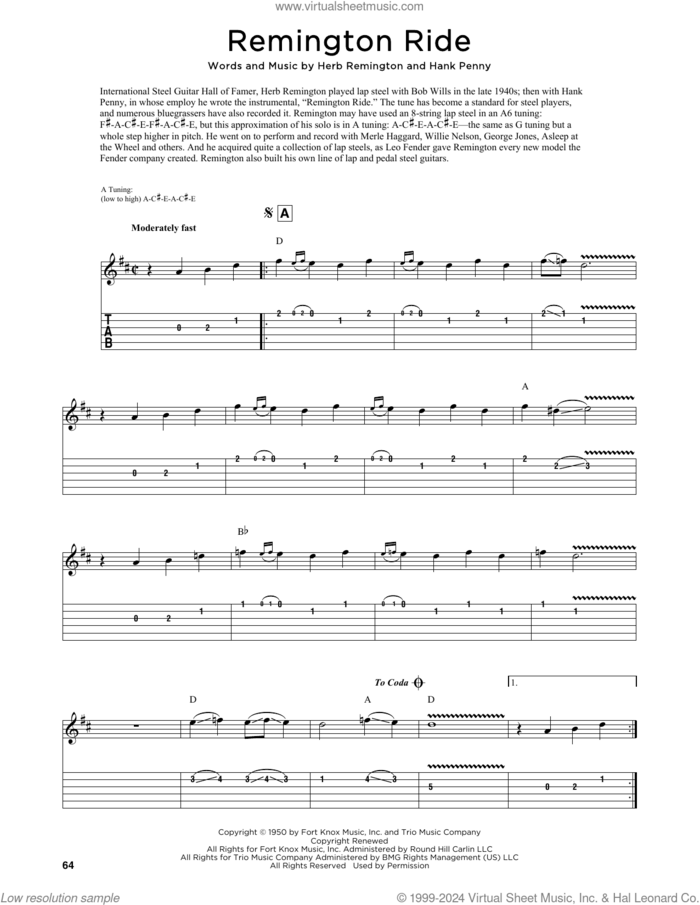Remington Ride sheet music for guitar (tablature) by Herb Remington, Fred Sokolow and Hank Penny, intermediate skill level