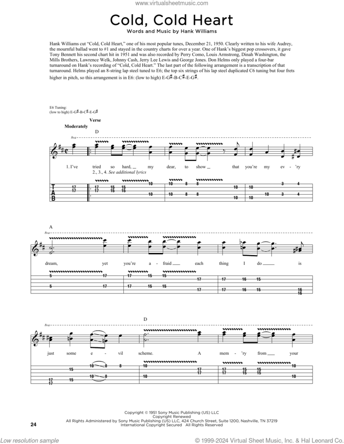 Cold, Cold Heart sheet music for guitar (tablature) by Hank Williams, Fred Sokolow and Tony Bennett, intermediate skill level