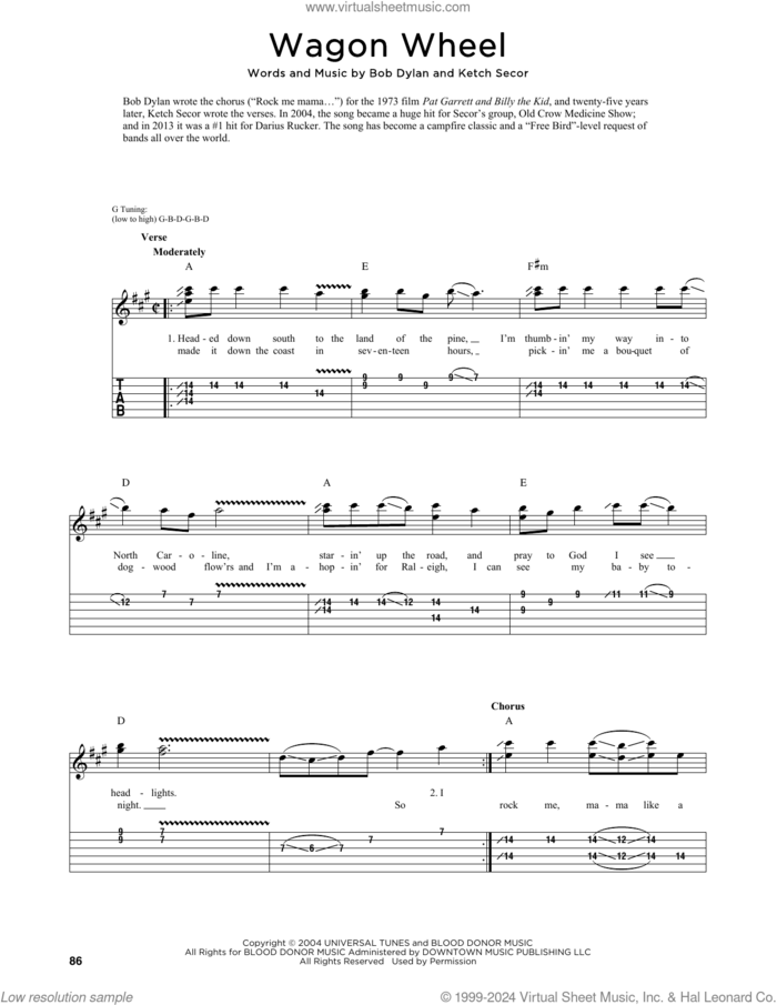 Wagon Wheel sheet music for guitar (tablature) by Bob Dylan, Fred Sokolow, Darius Rucker, Old Crow Medicine Show and Ketch Secor, intermediate skill level