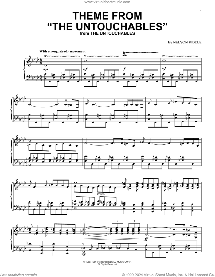 Theme From 'The Untouchables' sheet music for piano solo by Nelson Riddle, intermediate skill level