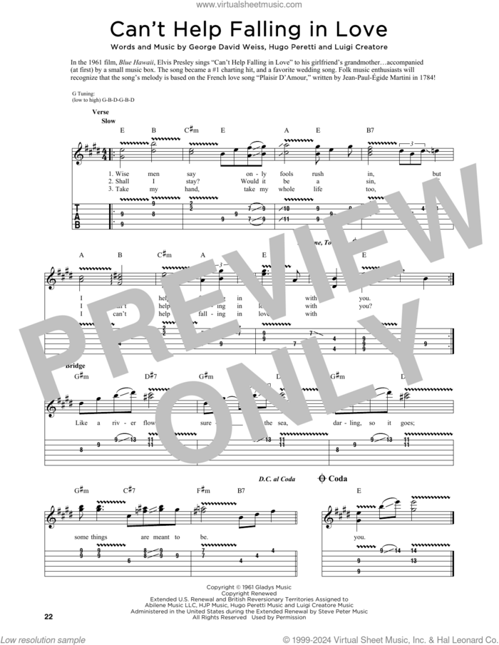 Can't Help Falling In Love sheet music for guitar (tablature) by Elvis Presley, Fred Sokolow, George David Weiss, Hugo Peretti and Luigi Creatore, intermediate skill level