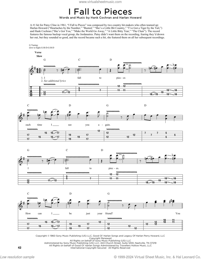 I Fall To Pieces sheet music for guitar (tablature) by Patsy Cline, Fred Sokolow, Aaron Neville & Trisha Yearwood, Hank Cochran and Harlan Howard, intermediate skill level