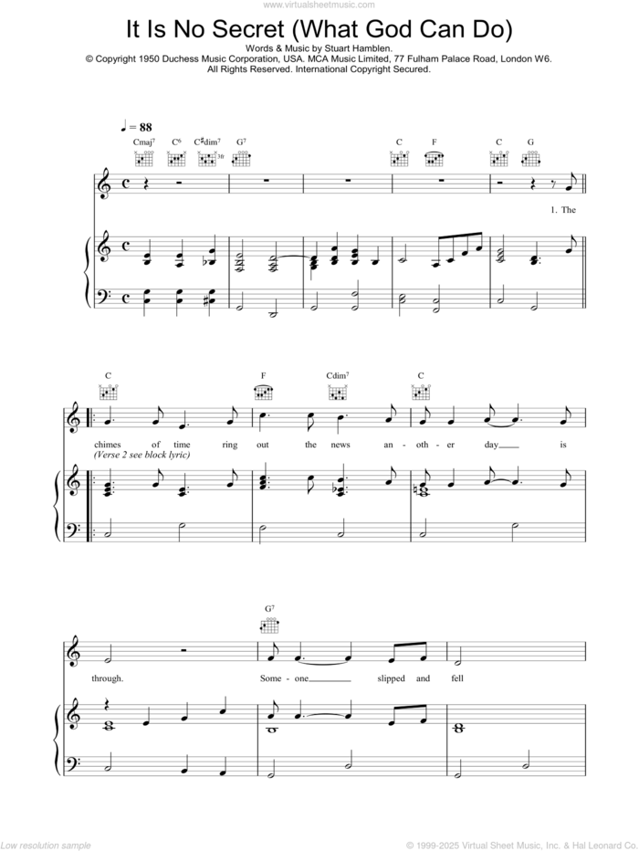 It Is No Secret (What God Can Do) sheet music for voice, piano or guitar by Elvis Presley, Mahalia Jackson, Willie Nelson and Stuart Hamblen, intermediate skill level