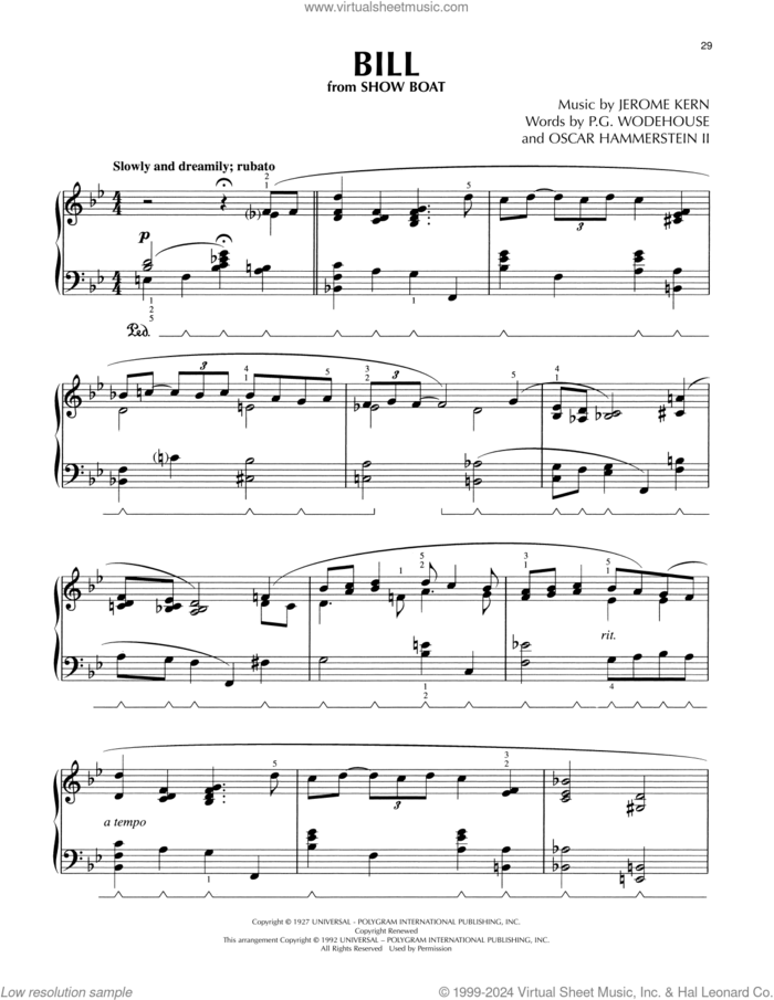 Bill (from Show Boat) (arr. Lee Evans) sheet music for piano solo by Oscar Hammerstein II & Jerome Kern, Lee Evans, Jerome Kern, Oscar II Hammerstein and P.G. Wodehouse, intermediate skill level