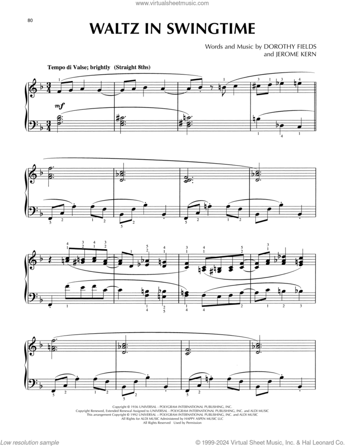 Waltz In Swingtime (arr. Lee Evans) sheet music for piano solo by Jerome Kern, Lee Evans and Dorothy Fields, intermediate skill level