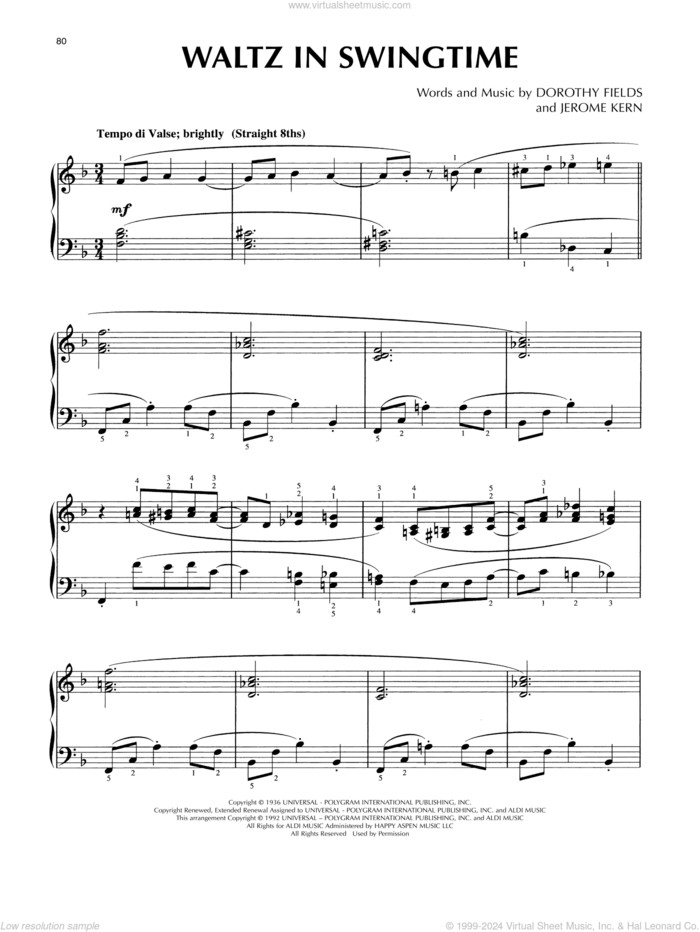 Waltz In Swingtime (arr. Lee Evans) sheet music for piano solo by Jerome Kern, Lee Evans and Dorothy Fields, intermediate skill level