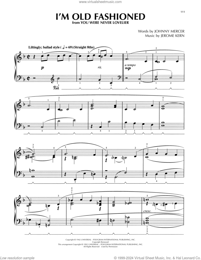 I'm Old Fashioned (from You Were Never Lovelier) (arr. Lee Evans) sheet music for piano solo by Johnny Mercer, Lee Evans and Jerome Kern, intermediate skill level