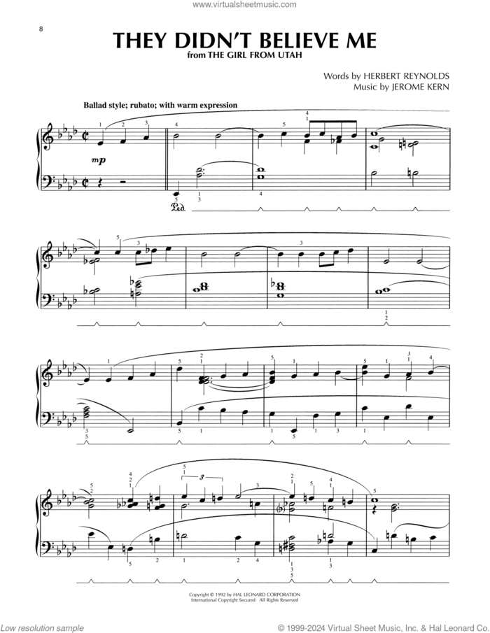They Didn't Believe Me (from The Girl From Utah) (arr. Lee Evans) sheet music for piano solo by Jerome Kern, Lee Evans and Herbert Reynolds, intermediate skill level