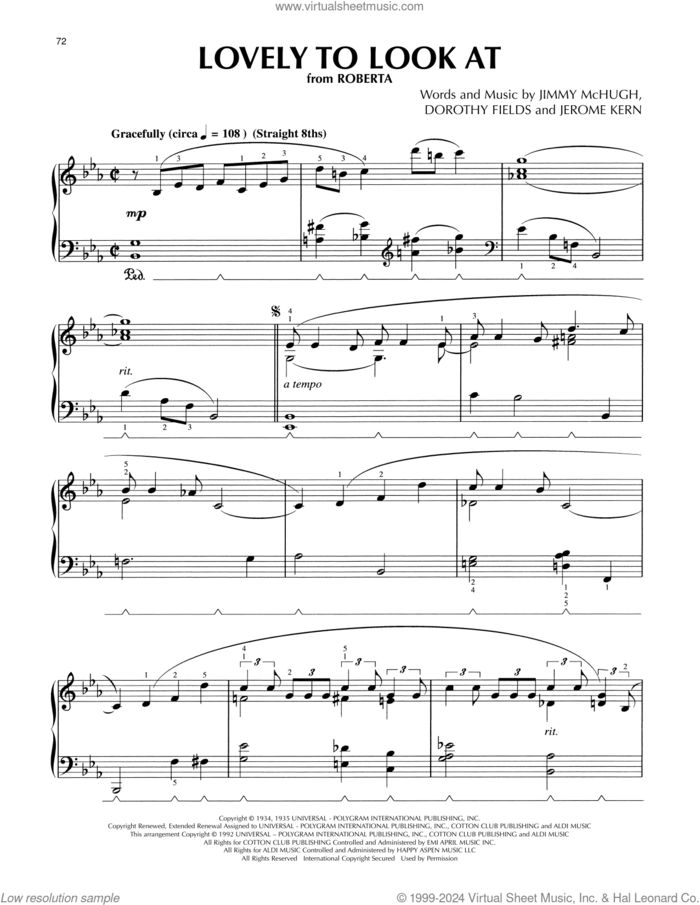 Lovely To Look At (from Roberta) (arr. Lee Evans) sheet music for piano solo by Jerome Kern, Lee Evans, Dorothy Fields and Jimmy McHugh, intermediate skill level