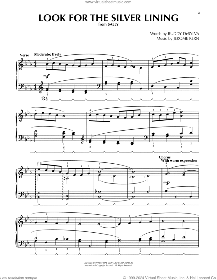 Look For The Silver Lining (from Sally) (arr. Lee Evans) sheet music for piano solo by Jerome Kern, Lee Evans and Buddy DeSylva, intermediate skill level