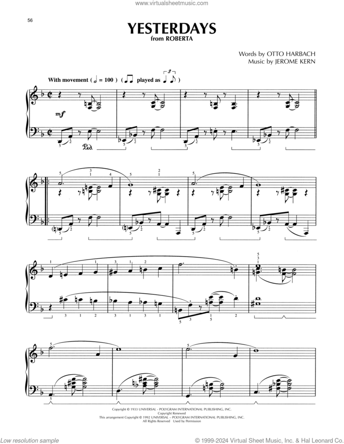 Yesterdays (from Roberta) (arr. Lee Evans) sheet music for piano solo by Jerome Kern, Lee Evans and Otto Harbach, intermediate skill level