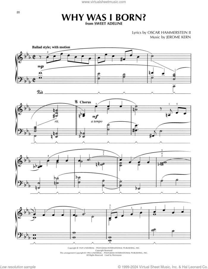 Why Was I Born? (from Sweet Adeline) (arr. Lee Evans) sheet music for piano solo by Oscar Hammerstein II & Jerome Kern, Lee Evans, Jerome Kern and Oscar II Hammerstein, intermediate skill level