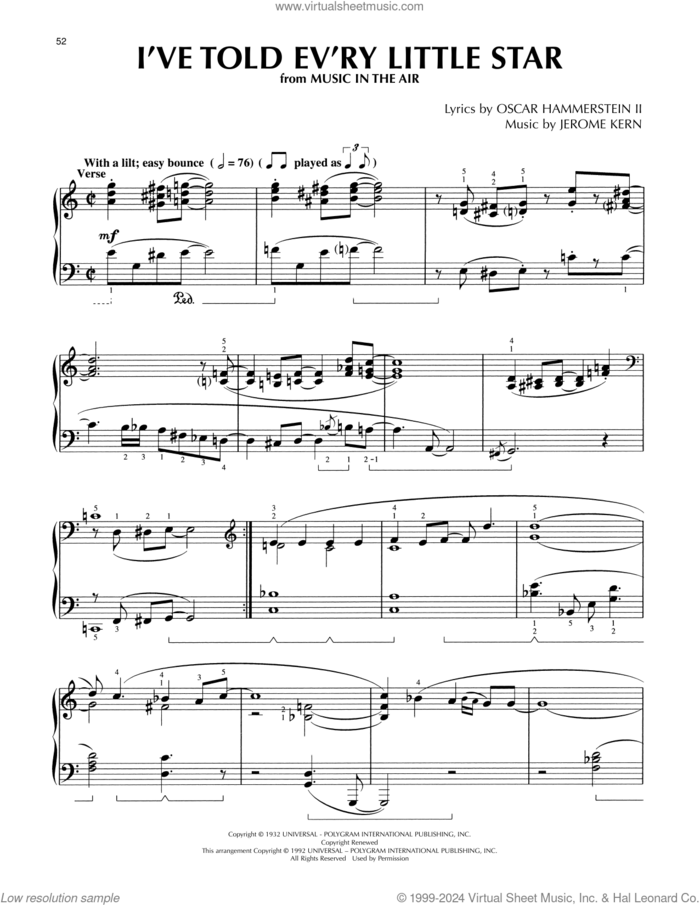 I've Told Ev'ry Little Star (from Music In The Air) (arr. Lee Evans) sheet music for piano solo by Oscar Hammerstein II & Jerome Kern, Lee Evans, Linda Scott, Jerome Kern and Oscar II Hammerstein, intermediate skill level