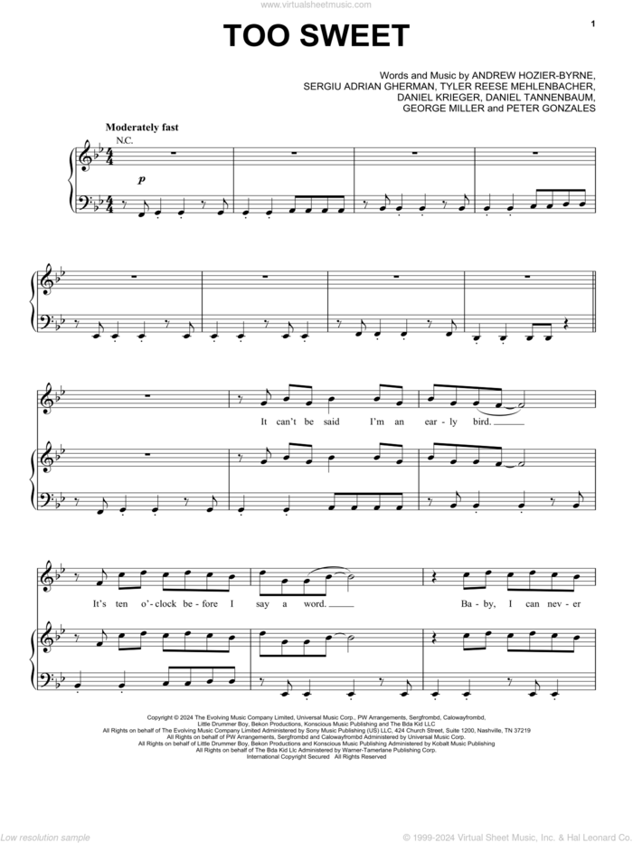 Too Sweet sheet music for voice, piano or guitar by Hozier, Andrew Hozier-Byrne, Daniel Krieger, Daniel Tannenbaum, George Miller, Peter Gonzales, Sergiu Adrian Gherman and Tyler Reese Mehlenbacher, intermediate skill level