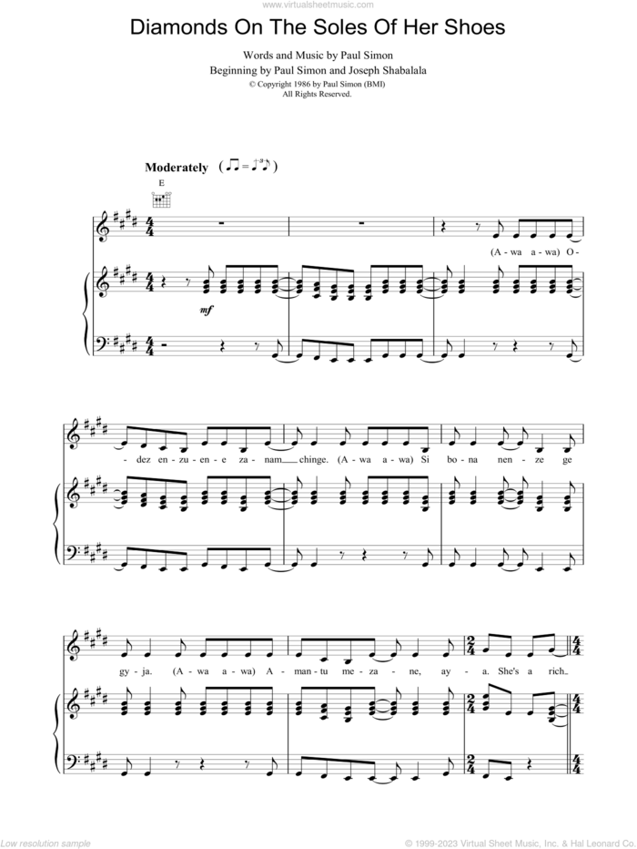 Diamonds On The Soles Of Her Shoes sheet music for voice, piano or guitar by Paul Simon and Joseph Shabalala, intermediate skill level