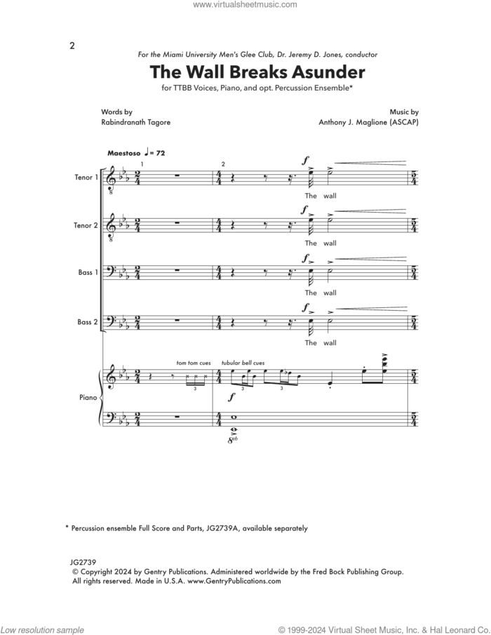 The Wall Breaks Asunder sheet music for choir (TTBB: tenor, bass) by Anthony J. Maglione and Rabindranath Tagore, intermediate skill level