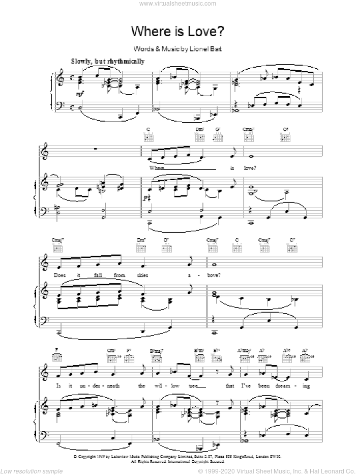 Where Is Love? sheet music for voice, piano or guitar by Lionel Bart and Oliver! (Musical), intermediate skill level