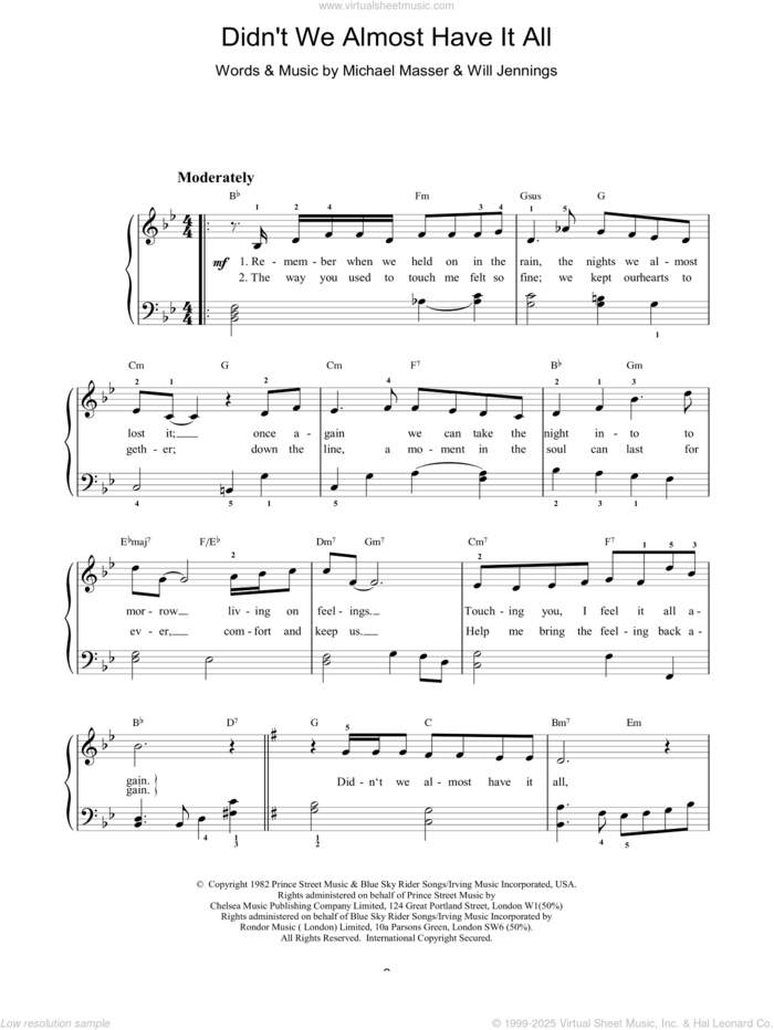 Didn't We Almost Have It All sheet music for piano solo by Whitney Houston and Miscellaneous, easy skill level