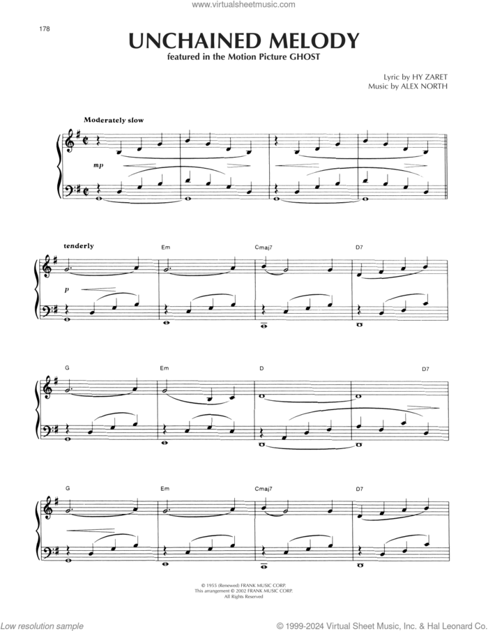 Unchained Melody sheet music for piano solo by The Righteous Brothers, Alex North and Hy Zaret, intermediate skill level