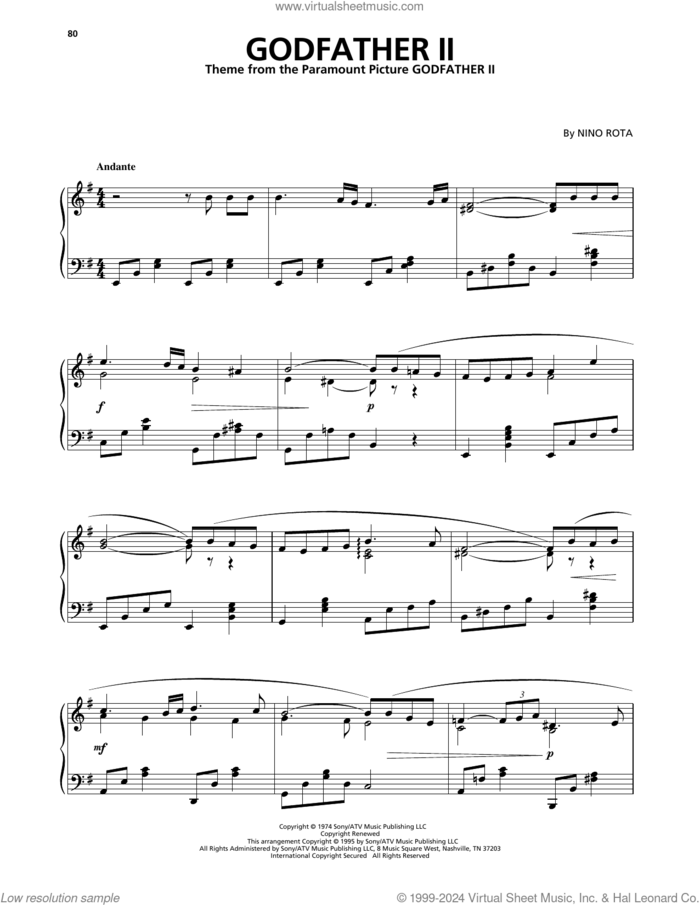 Godfather II sheet music for piano solo by Nino Rota, intermediate skill level