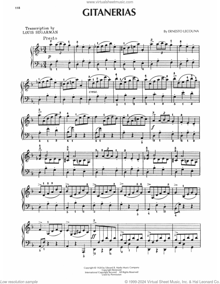 Gitanerias sheet music for piano solo by Ernesto Lecuona, intermediate skill level