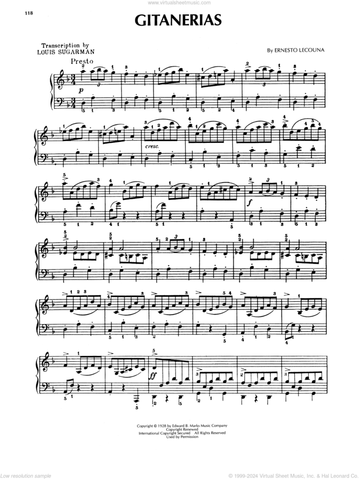 Gitanerias sheet music for piano solo by Ernesto Lecuona, intermediate skill level