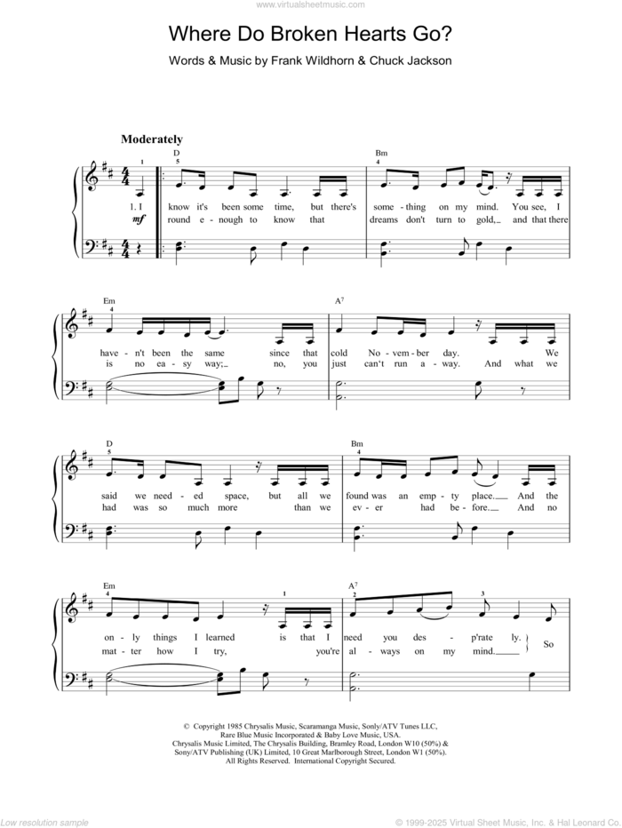 Where Do Broken Hearts Go sheet music for piano solo by Whitney Houston and Frank Wildhorn, easy skill level