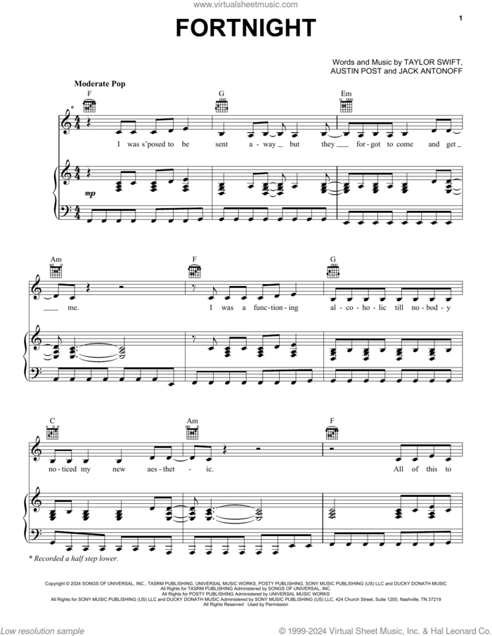 Fortnight (feat. Post Malone) sheet music for voice, piano or guitar by Taylor Swift, Austin Post and Jack Antonoff, intermediate skill level