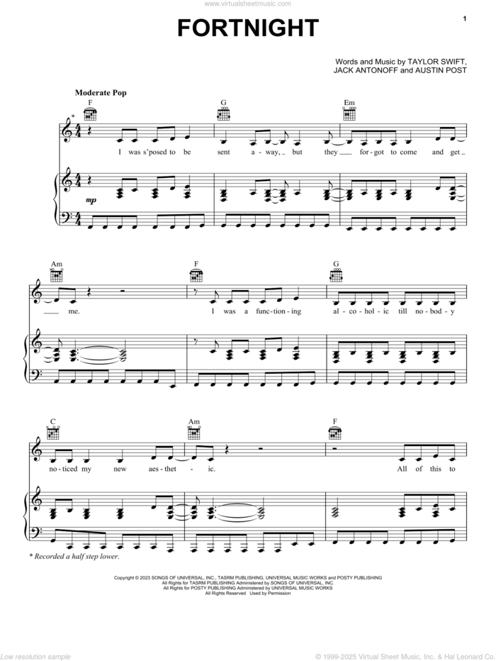 Fortnight (feat. Post Malone) sheet music for voice, piano or guitar by Taylor Swift, Austin Post and Jack Antonoff, intermediate skill level