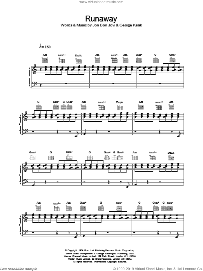 Runaway sheet music for voice, piano or guitar by Bon Jovi and George Karak, intermediate skill level