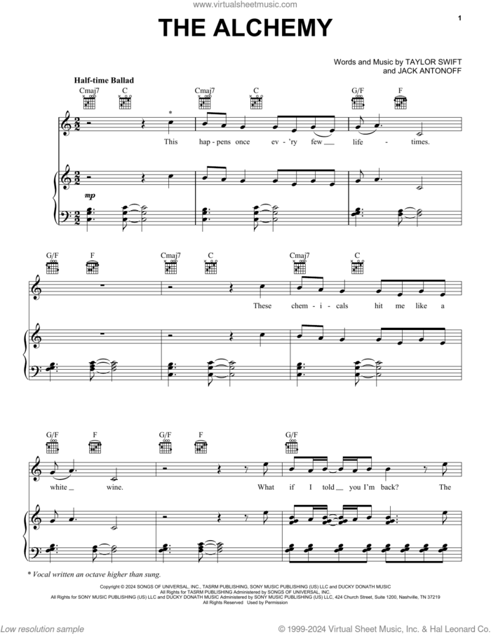The Alchemy sheet music for voice, piano or guitar by Taylor Swift and Jack Antonoff, intermediate skill level