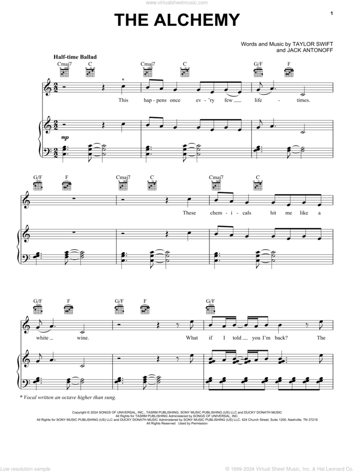 The Alchemy sheet music for voice, piano or guitar by Taylor Swift and Jack Antonoff, intermediate skill level