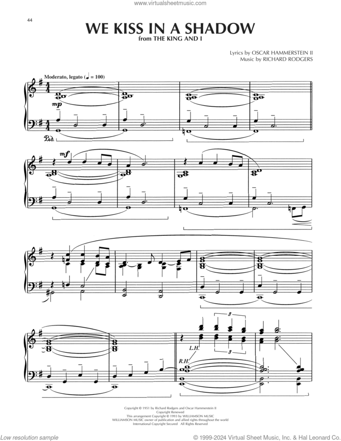 We Kiss In A Shadow (arr. Dick Hyman) sheet music for piano solo by Richard Rodgers, Dick Hyman, Oscar II Hammerstein and Rodgers & Hammerstein, intermediate skill level
