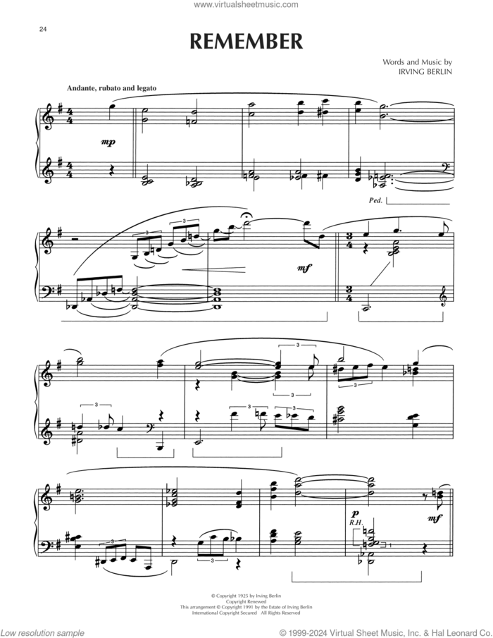 Remember (arr. Dick Hyman) sheet music for piano solo by Irving Berlin and Dick Hyman, intermediate skill level