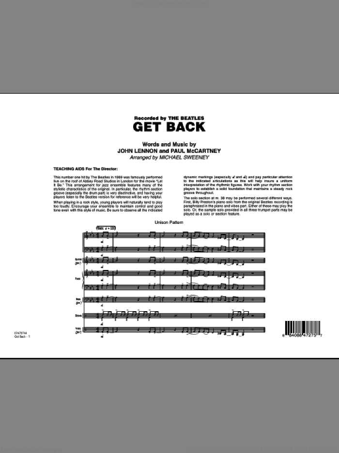 Get Back (COMPLETE) sheet music for jazz band by The Beatles, John Lennon, Michael Sweeney and Paul McCartney, intermediate skill level