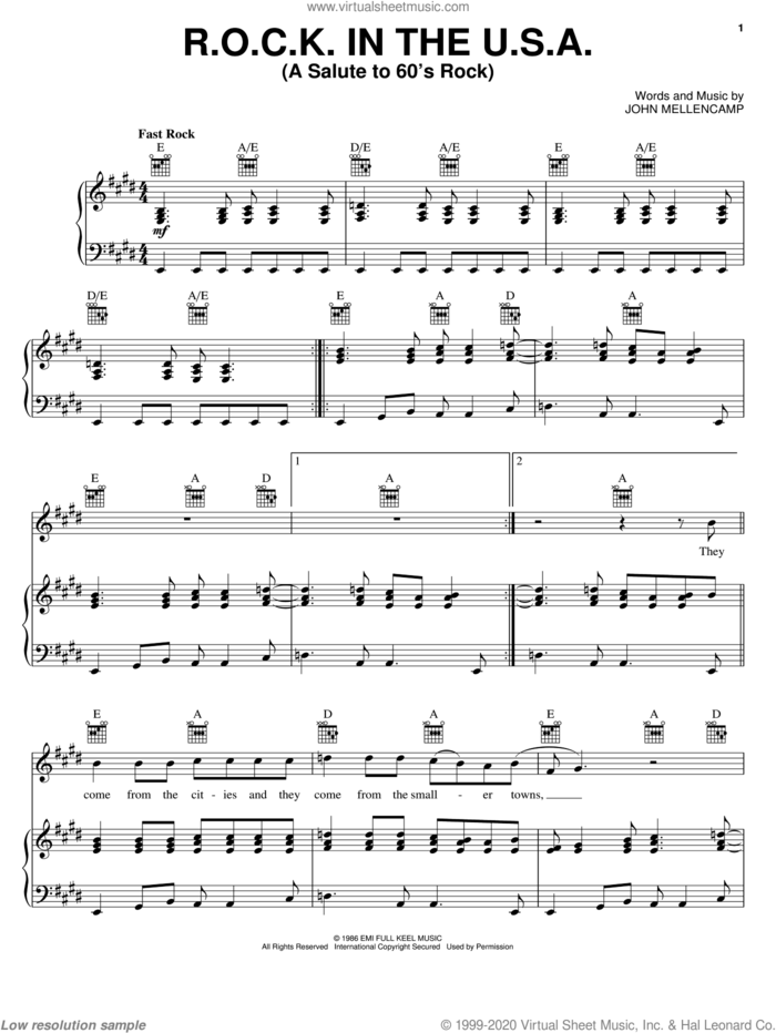 R.O.C.K. In The U.S.A. (A Salute To 60's Rock) sheet music for voice, piano or guitar by John Mellencamp, intermediate skill level