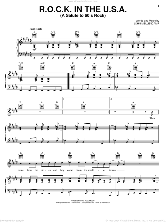 R.O.C.K. In The U.S.A. (A Salute To 60's Rock) sheet music for voice, piano or guitar by John Mellencamp, intermediate skill level