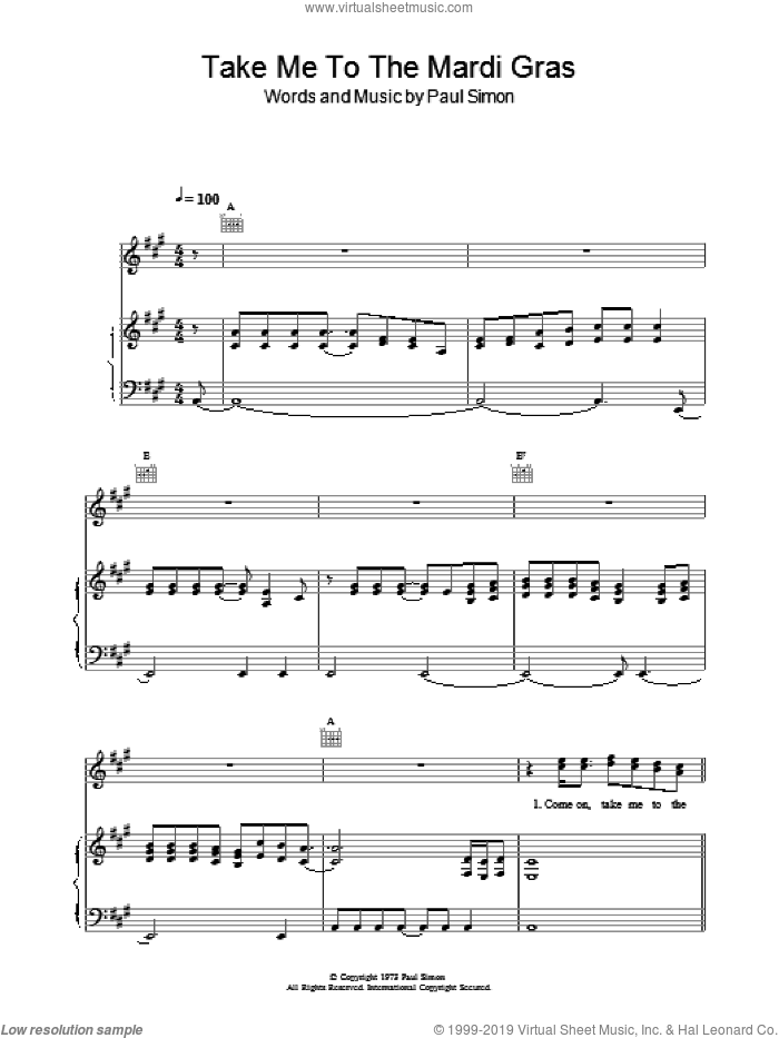Take Me To The Mardi Gras sheet music for voice, piano or guitar by Paul Simon, intermediate skill level