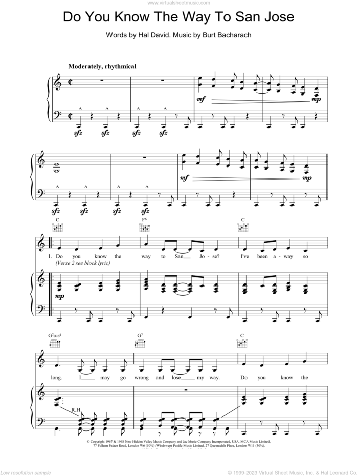 Do You Know The Way To San Jose sheet music for voice, piano or guitar by Burt Bacharach, intermediate skill level
