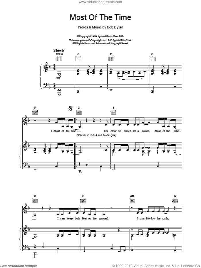 Most Of The Time sheet music for voice, piano or guitar by Bob Dylan, intermediate skill level