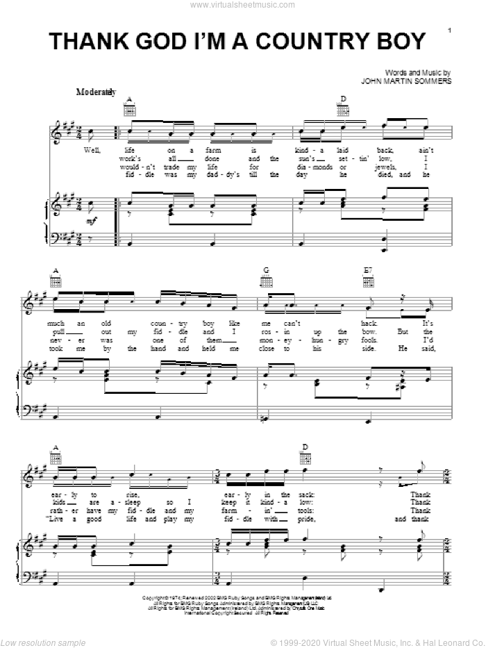 Thank God I'm A Country Boy sheet music for voice, piano or guitar by John Denver and John Martin Sommers, intermediate skill level