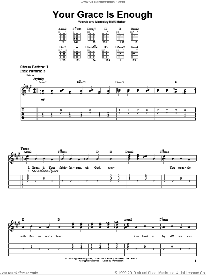 Your Grace Is Enough sheet music for guitar solo (easy tablature) by Chris Tomlin and Matt Maher, easy guitar (easy tablature)