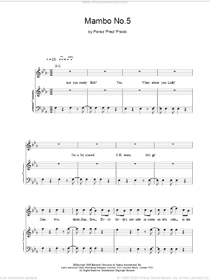 Mambo No. 5 (A Little Bit Of...) sheet music for voice, piano or guitar by Bob the Builder, Damaso Perez Prado, Lou Bega and Zippy, intermediate skill level