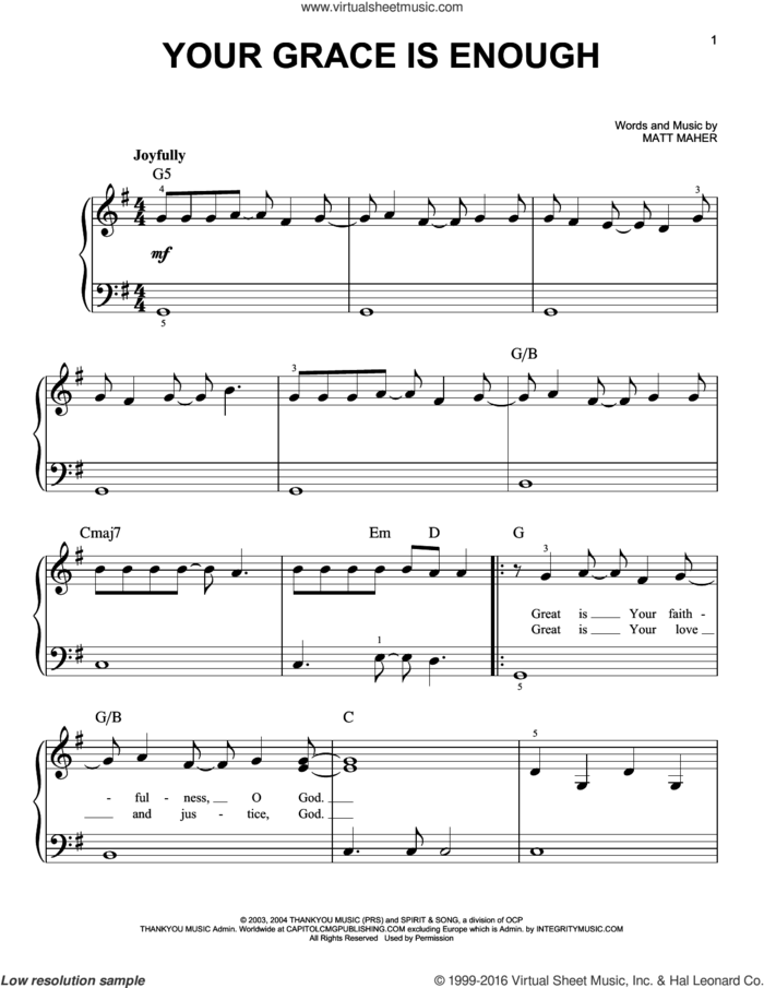 Your Grace Is Enough, (easy) sheet music for piano solo by Chris Tomlin and Matt Maher, easy skill level
