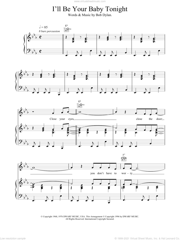 I'll Be Your Baby Tonight sheet music for voice, piano or guitar by Bob Dylan, Robert Palmer and UB40, intermediate skill level