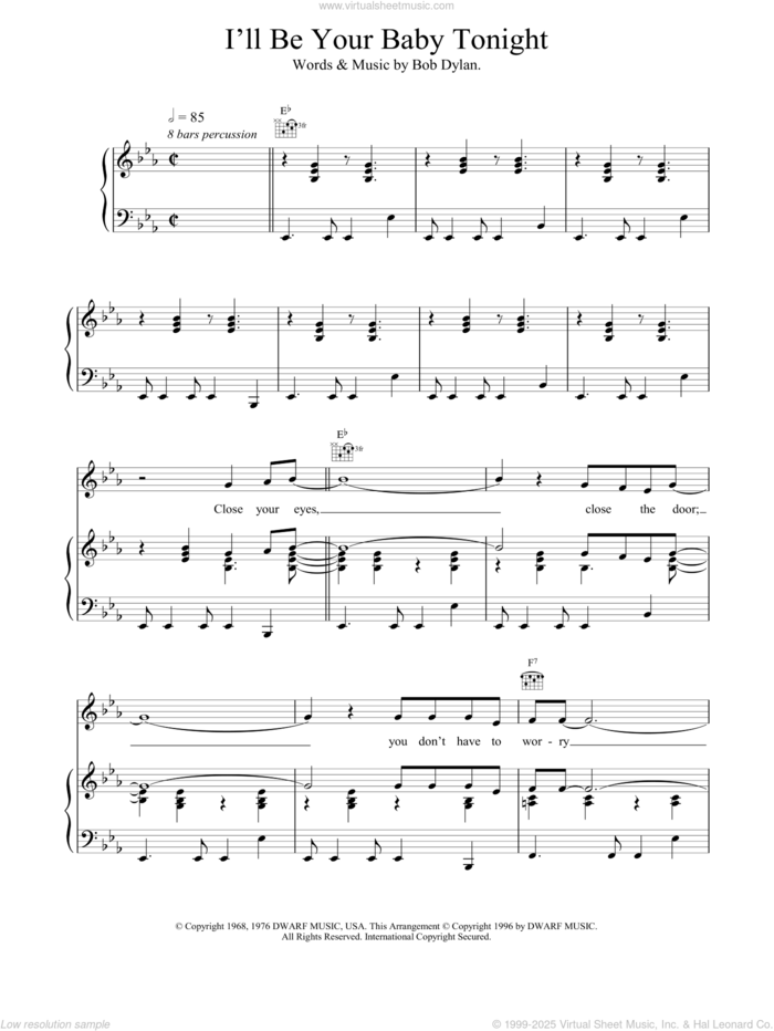 I'll Be Your Baby Tonight sheet music for voice, piano or guitar by Bob Dylan, Robert Palmer and UB40, intermediate skill level