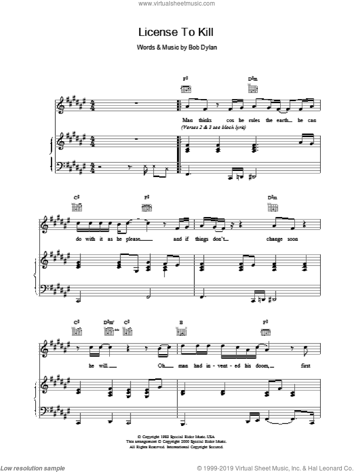 Licence To Kill sheet music for voice, piano or guitar by Bob Dylan, intermediate skill level