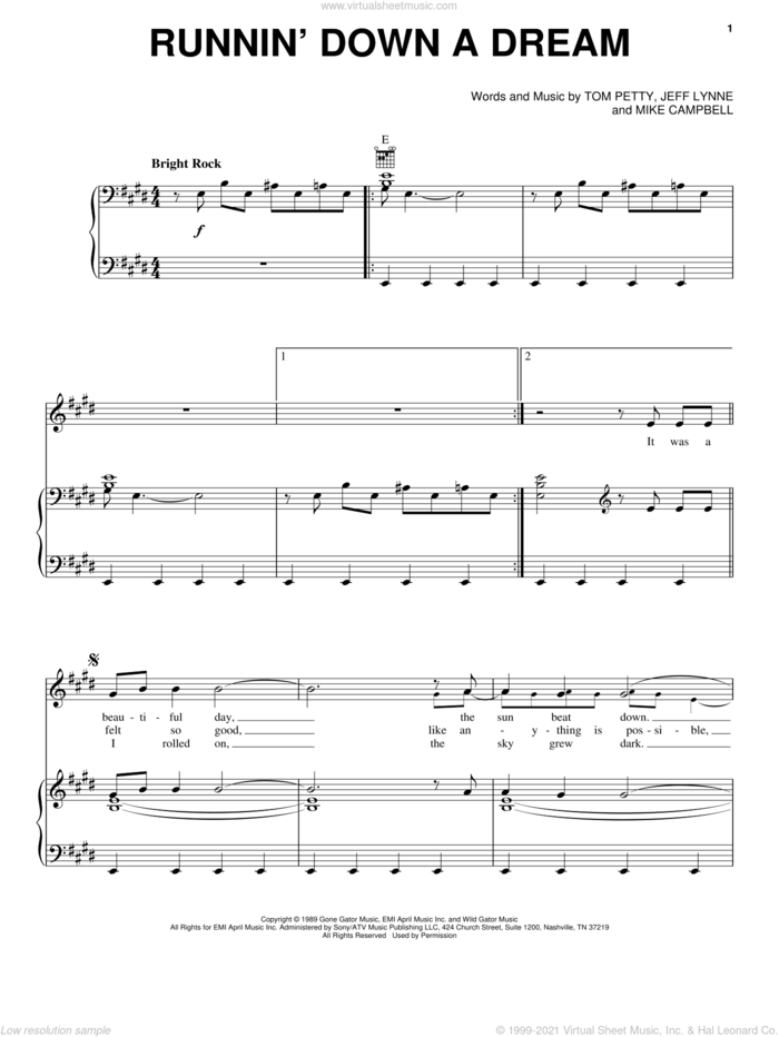 Runnin' Down A Dream sheet music for voice, piano or guitar by Tom Petty, Jeff Lynne and Mike Campbell, intermediate skill level