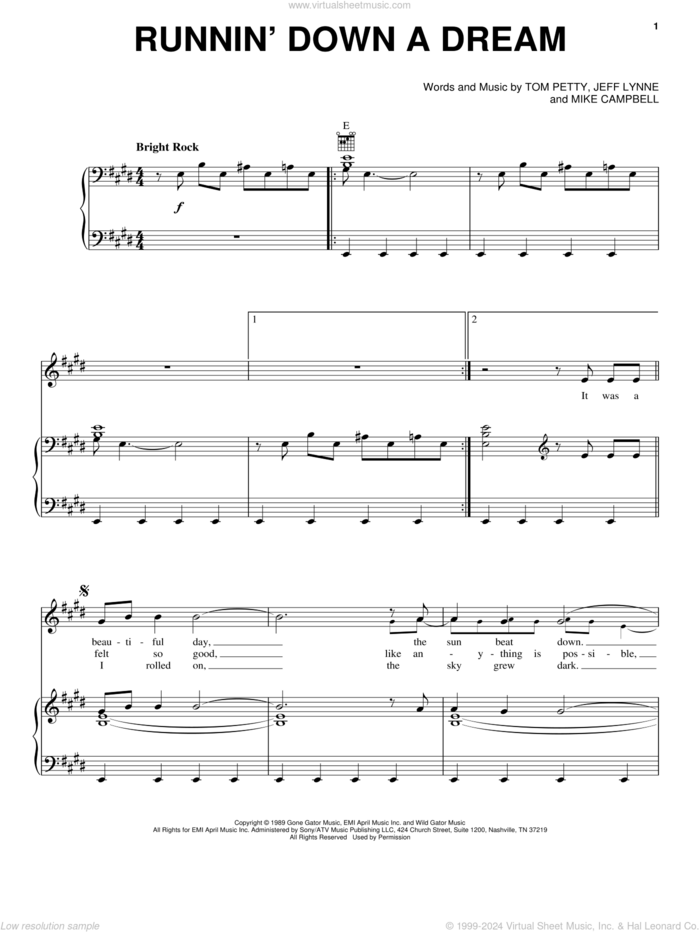 Runnin' Down A Dream sheet music for voice, piano or guitar by Tom Petty, Jeff Lynne and Mike Campbell, intermediate skill level