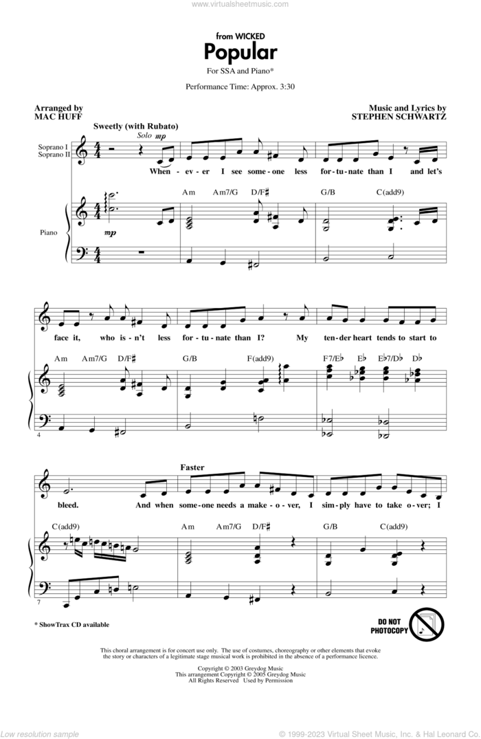 Popular (from Wicked) (arr. Mac Huff) sheet music for choir (SSA: soprano, alto) by Stephen Schwartz and Mac Huff, intermediate skill level